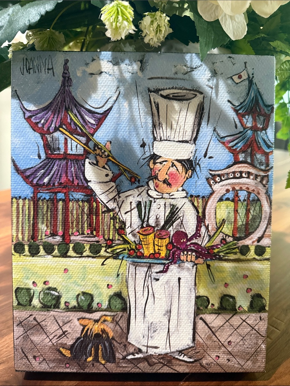 Joanna Chef Illustration Art Print - Chef with Chopsticks in front of Pagoda